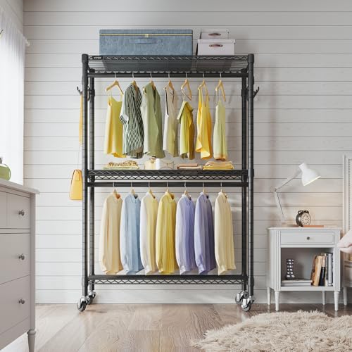 VIPEK R2 Plus Heavy Duty Rolling Garment Rack 3 Tiers Adjustable Wire Shelving Clothes Rack with Double Rods and Side Hooks, Freestanding Wardrobe Storage Rack Metal Clothing Rack, Black - color: Black, size: R2 Plus