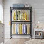VIPEK R2 Plus Heavy Duty Rolling Garment Rack 3 Tiers Adjustable Wire Shelving Clothes Rack with Double Rods and Side Hooks, Freestanding Wardrobe Storage Rack Metal Clothing Rack, Black - color: Black, size: R2 Plus