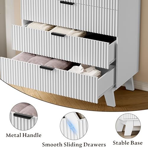 BORNOON 39" Tall Dresser for Bedroom, 4-Drawer Fluted Chest of Drawers, Modern Wood Highboy with Deep Storage, Metal Slides & Handles, Anti-Tip Kit, Vertical Clothes Organizer for Apartment, Nursery - color: Pure White, size: Tall 4-Drawer
