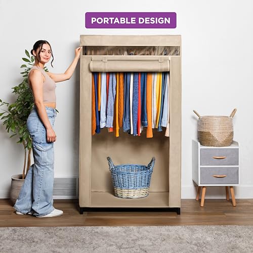 HOLDN’ STORAGE Portable Wardrobe Closet - 50 lb Capacity, Internal Heavy Duty Metal Rod, Zipper & Clear Window, Durable Clothes Organizer, Tool-Free Easy Assembly, Beige Canvas Cover - color: Beige, size: Medium