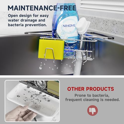 NiHome Extendable Arm Stainless Steel Kitchen Sink Corner Caddy, Easy Install Space-Saving Adjustable Sponge Holder, Non-Slip Rust-Resistant for Brushes, Soap, Sponges (Silver) - color: Silver