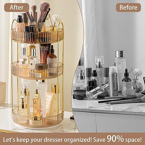 shuang qing Rotating Makeup Organizer for Vanity, High-Capacity Skincare Clear Make Up Storage Perfume Organizers Cosmetic Dresser Organizer Countertop 360 Spinning (Gold, New-3 Tier) - color: Gold, size: New-3 Tier