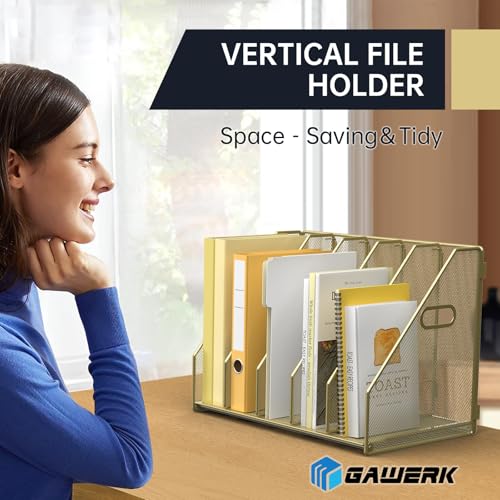 MINDEPOT Desk File Organizer Metal Desk Magazine Folder Holder with 5 Vertical Compartments Rack File Organizer for Office, Home, School (Gold) - color: Gold