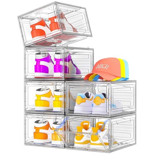Thickened Clear Shoe Storage Organizer with Magnetic Door, Sturdy Stackable Shoe Boxes for Closet, Collapsible Space-Saving Shoe Rack for Sneakers & Boots, Plastic Shoe Cabinet Box Set, 6 Pack, White - color: White, size: 6 pcs