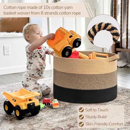 INDRESSME XXXLarge Cotton Rope Basket 21.7" x 21.7" x 13.8" Woven Baby laundry Blanket Basket for Living Room Decor, Toy Storage Baskets for Kids Boys Girls, Camel Mix & Black - color: Camel Mix & Black, size: 21.7"D x 13.8"H