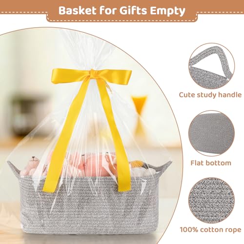 OIASKET Large Empty Gift Baskets for Baby Shower, 16.5" L x 12.6" W x 7" H Cute Woven Storage Basket with Gift Bags and Ribbons, Small Rope Toy Basket with Handles, Cat Dog Pet Toy Organizer - Grey - color: Grey, size: Large: 16.5"L x 12.6"W x 7"H