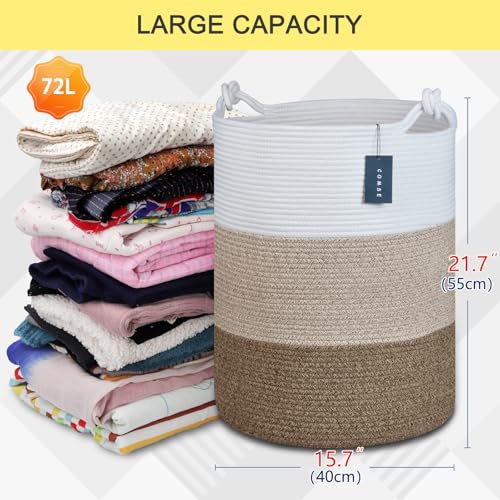 COMSE Extra Large Blanket Basket, Tall Woven Storage Basket, Nursery Hamper, 15.7”x 21.7”, Cotton Rope Laundry Hamper for Toys Clothes Towels, White/Gradient Brown - color: White & Gradient Brown