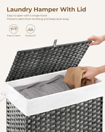 Greenstell Laundry Hamper with Lid, 125L Laundry Basket with 2 Removable Liner Bags & 2 Mesh Bags, Handwoven Synthetic Rattan Clothes Hamper for Clothes, Toys in Bathroom, Bedroom, Foldable, Grey - color: Gray, size: 125L (25.6 x 13.0 x 23.6 inches)