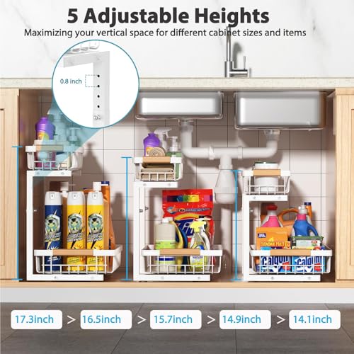 Liuoud Under Sink Organizer 2 Pack, 2 Tier Slide Out Large Capacity Height Adjustable Under Sink Organizers and Storage for Kitchen Bathroom Cabinet, White - color: White