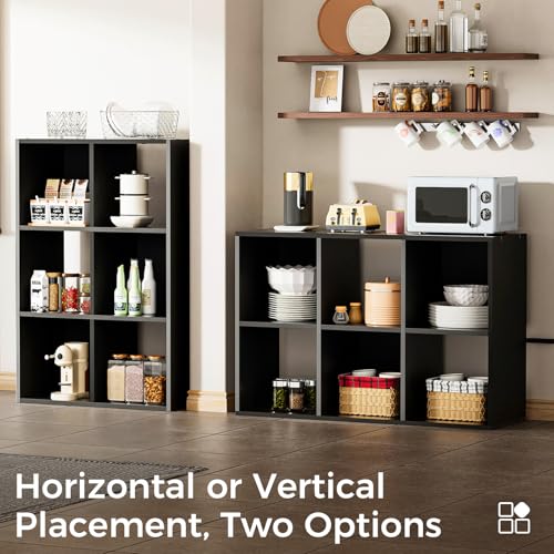 COMHOMA 6 Wood Cube Storage Organizer with Open Back and Removable Back Panels, 11In Black Cube Storage Bookshelf, Cubicle Shelf Bookcase for Home Office Bedroom Living Room, Vertical or Horizontal - color: 6 Cube-coal Black