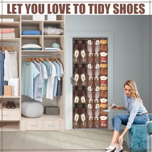 Windyun 40 Over the Door Shoe Organizer Large Breathable Mesh Pockets Hanging Shoe Rack for Closet Brown Behind Door Hanger Storage Holder Nonslip Hooks for Women Men Entryway Bedroom Utility Room - color: Brown