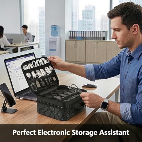 MATEIN Cable Organizer Bag, Waterproof Travel Electronic Storage, Shockproof Portable Double Layer Tech Bags Carrying Case for Cord, Earbuds, Charger, SD Card, DJ Gifts, Black - color: Black, size: Medium