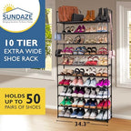 Sundaze Shoe Rack - 10 Tier Shoe Rack for Front Door Entrance, Sturdy Tall Shoe Organizer for Closet, Bedroom, Entryway, Garage, Non Woven Fabric Shelf, Black, Holds Up to 50 Pairs - size: 10 Tier (34.3" W)