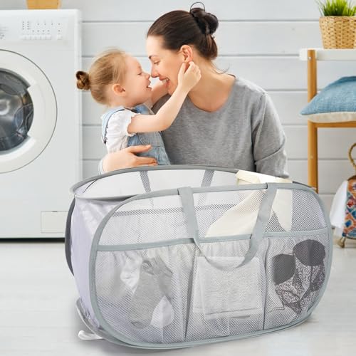 2 Pack Collapsible Laundry Baskets, Upgrade Pop Up Laundry Hamper with Convenient Bags, Foldable Laundry Basket Mesh Light Weight, Easy to Carry Clothes Hampers for Laundry, Dorm, Toys, Travel Grey - color: 2xGrey