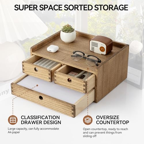 KIRIGEN Desk Organizer with Drawers - Wood Drawer Storage Box with Trays for Tabletop - Workspace Office Toiletries Supplies Tool Caddy - Wooden Storage Cabinet Dark Brown（DT2D3C-DBR） - color: Dark Brown, size: 2 layer-3 drawers