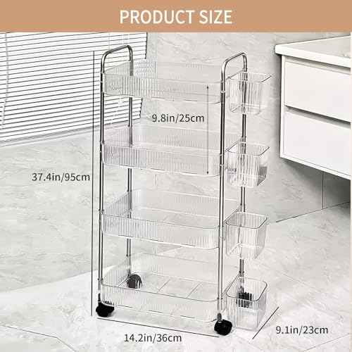 4 Tier Rolling Cart with Hanging Basket, Acrylic Storage Carts with Lockable Wheels, Utility Carts Storage Organizer Serving Cart for Office, Living Room, Kitchen, Bathroom - style: 4-Tier