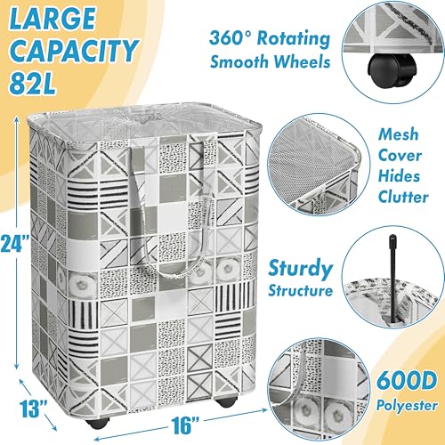 Simple Houseware Large 82L Laundry Basket with Wheels, Collapsible Waterproof Hamper with Handles and Mesh Cover, Geometric Gray - color: Gray