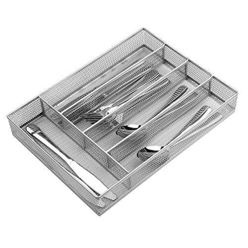 JANE EYRE Drawer Organizer, Cutlery Tray Silverware Flatware Storage Divider for Kitchen, Mesh Wire with Non-slip Foam Feet, 5 Component, Silver - color: Silver