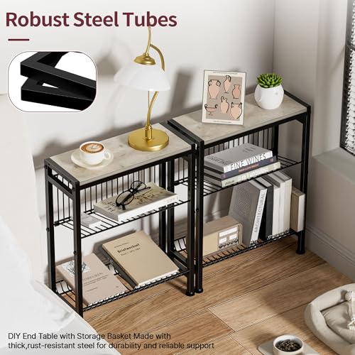Narrow Side Table for Small Space, 3-Tier End Table with Magazine Holder, Slim Nightstand with Wire Shelf, Skinny Bedside Table in Living Room, Bedroom, Study, Kitchen and Balcony(Greige) - color: Upgrade-greige