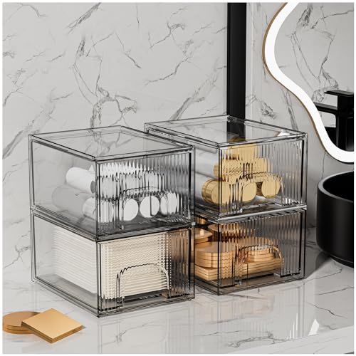 ZHIAI 4 Pack Clear Stackable Storage Drawer, Acrylic Drawer, Cosmetic Organizer, Plastic Organizer for Dresser, Under, Kitchen Cabinet, Pantry, Home Organization and Storage - color: 4 Short