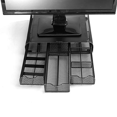 Mind Reader Monitor Stand, Ventilated Laptop Riser, Desktop Organizer, Storage, Metal Mesh, 13.25"L x 12.5"W x 3"H, Black