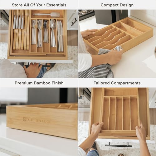 KitchenEdge Premium Silverware, Flatware and Utensil Organizer for Kitchen Drawers, Food-Safe Contract Grade, Expandable from 10.5 to 19 In, Natural Bamboo - color: Natural Bamboo, size: From 10.5" to 19" wide