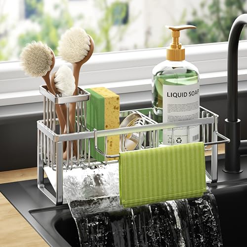 HapiRm Sponge Holder for Kitchen Sink - Self-draining Sink Caddy with Brush and Dishcloth Holders with Sloping Drainage - Silver - color: Silver-sloping, size: with Dishcloth Holder