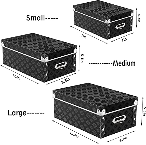 XUCHUN Storage Box with Lid 3 Pack, Collapsible Plastic Storage Bins with Lids, Stackable and Foldable Keepsake Box for Photos, Office and Bedroom Organization, 3 Different Sizes - color: Black-B