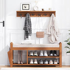 PETKABOO 39.4" Shoe Bench with Coat Rack Hidden Drawer and Side Holder, 2 Tier Entryway Bench with Storage, Bamboo Shoe Rack with Cushion for Entryway Hallway Living Room Bedroom - size: 39.4 in with Hook