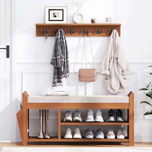 PETKABOO 39.4" Shoe Bench with Coat Rack Hidden Drawer and Side Holder, 2 Tier Entryway Bench with Storage, Bamboo Shoe Rack with Cushion for Entryway Hallway Living Room Bedroom - size: 39.4 in with Hook