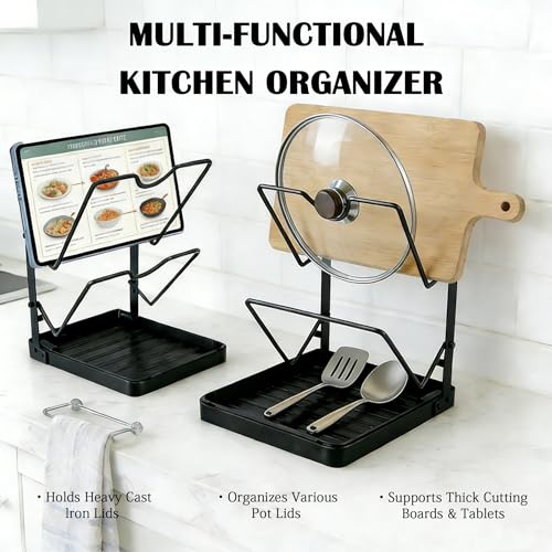 Pot Lid Holder While Cooking, 2-Tier Heavy Duty Pot Lid Organizer with Drip Tray & U-Shaped Groove, Multifunctional Storage Rack for Stove Top & Kitchen Countertop - Black