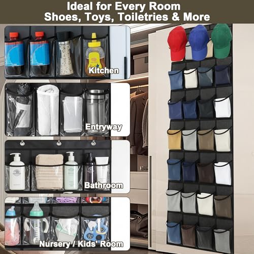 Over the Door Shoe Organizer - Space Saving Shoe Rack for Closet Door with 24 Crystal Clear Pockets and Metal Hooks, Shoe Holder Back of Door Organizers for Shoes, Hanging Shoe Organizer (Black) - color: Black, size: 1pc