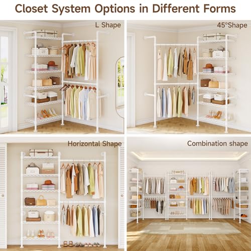 L2 Wall Mounted Closet System, Industrial Pipe Clothing Rack Clothes Racks with 2 Telescopic Rod & 6 Shelves, Heavy Duty Closet Organizers System in Wardrobe Closet, White - color: White