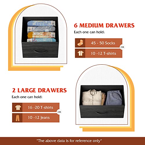 WLIVE 8 Drawer Dresser for Bedroom, Fabric Black Dresser with Large Storage Drawer Unit for Entryway, Chest of Drawers for Living Room - color: Charcoal Black Wood Grain Print, style: Large 8 Drawers