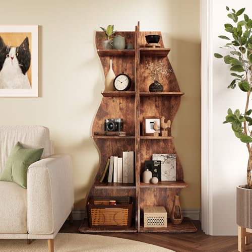 LITTLE TREE 70-Inch Corner Shelf, Seaweed Shaped Etagere Display Bookshelf, Freestanding 5-Tier Wall Shelves for Small Spaces, Living Room, Bedroom, Rustic, 1 Pack - color: Rustic, size: 1 Pack