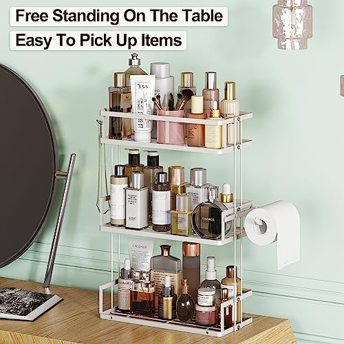 Godboat Bathroom Organizers and Storage, 3-Tier Over The Toilet Storage, Wall Shelf with Paper Holder and 2 Hooks, No Drilling Cool Decor and Home Decor, Gifts for Women, Mom, Mothers Day (White) - color: White, size: 3-Tier