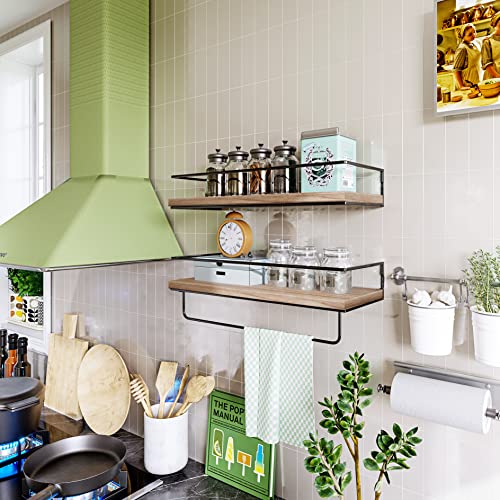 Shario Rustic Wood Floating Shelves - Set of 2, Wall Mounted Hanging Shelves with Black Towel Rack, Decorative Storage Shelves for Bathroom, Kitchen, Living Room & Bedroom (Light Wood, 15.7 Inches) - color: Light Wood