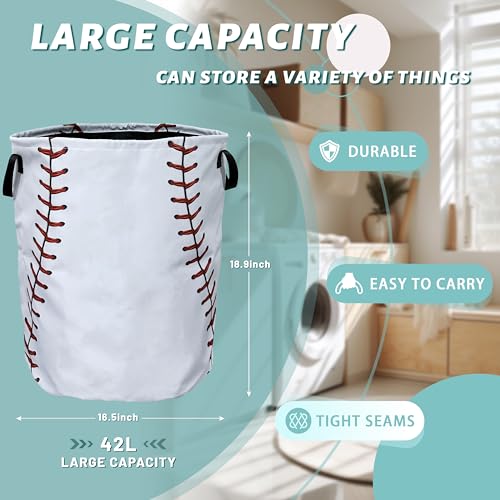 Baseball Texture Pattern Laundry Basket Foldable With Handles Tote Bag Oxford Cloth Funny Laundry Hamper Clothes Storage Bucket Toy Organizer 18.9" x 16.5" For Bathroom/Laundry/Bedroom - color: Funny Baseball Texture Pattern