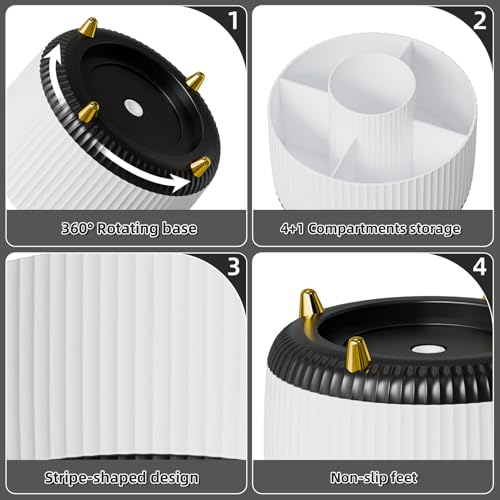 Marbrasse Desk Organizer, 360-Degree Rotating Pen Holder, Desk Organizers and Accessories with 5 Compartments Pencil Holder, Art Supply Storage Box Caddy for Office, Home (White+Black) - color: White+Black
