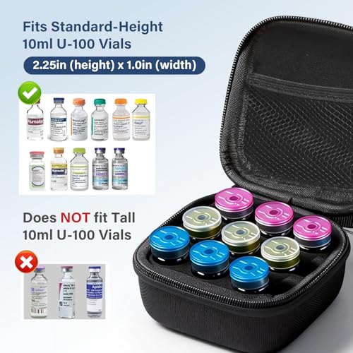9 Slots Peptide Case, Insulin Vial Protector Fridge Holder Storage Case for Diabetics Standard 10ml U-100 Vials, Insulin Vial Organizer Bag Insulin Carrying Case with Wrist Strap (Black)