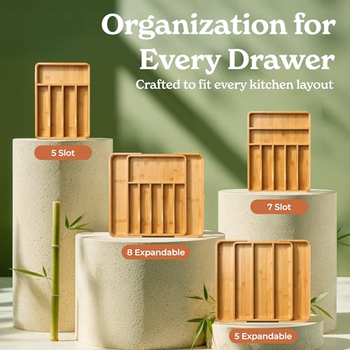 SMIRLY Silverware Drawer Organizer – Bamboo Kitchen Drawer Organizer, Adjustable Utensil Holder and Cutlery Tray, Drawer Dividers for Flatware and Kitchen Utensils - size: 5 Slot