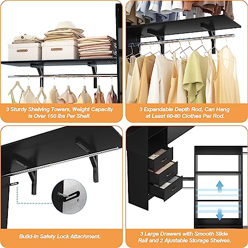 iSunirm 8FT Closet System, 96'' Closet Organizer System with 3 Hanging Rods, Wall Mount Bedroom Wardrobe with 3 Drawers Walk-in Closet, Adjustable Cloth Garment Rack from 5 to 8FT (Cut to Fit), Black - color: Black