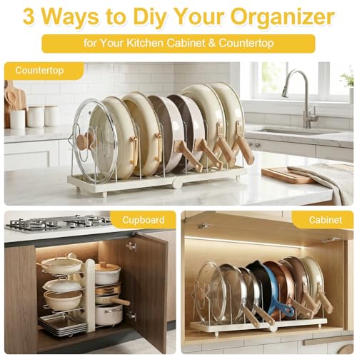 Foldable Pots and Pans Organizer Under Cabinet, 8 Adjustable Stainless Steel Dividers,28.5" L x 9.1" W x 9.9" H Expanded, Folds Flat, Heavy Duty Kitchen Cabinet Organizer with Lid Holder