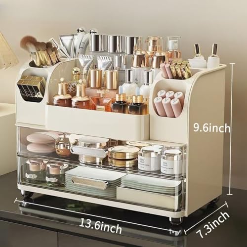 Makeup Organizer with Drawers for Vanity,Bathroom Countertop Organizer with Brushes Holder,Skincare Storage Organizer,Perfect Cosmetic Display Case for Skincare,Lipstick and Beauty Essential (Cream) - color: Cream