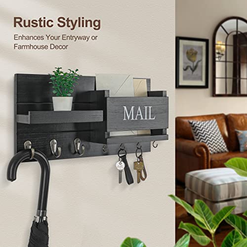 Lwenki Mail Organizer for Wall Mount – Key Holder with Shelf Includes Letter Holder and Hooks for Hallway Farmhouse Decor – Rustic Wood with Flush Mounting Hardware (16.5” x 9.1” x 3.4”) (Black) - color: Black