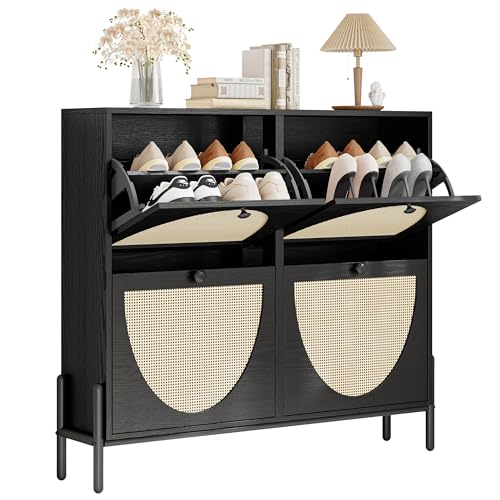IRONCK Rattan Shoe Cabinet Storage with 4 Flip Drawers, Freestanding Shoe Storage Organizer Cabinet for Entryway, Narrow Shoe Rack Cabinet, Matte Black - color: Matte Black