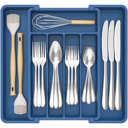 Lifewit Silverware Drawer Organizer, Expandable Utensil Tray for Kitchen, BPA Free Flatware and Cutlery Holder, Adjustable Plastic Storage for Spoons Forks Knives, 8.5"-14.1" x 12.1", Dark Blue - color: Dark Blue, size: Medium (8.5-14''W x 12''D)