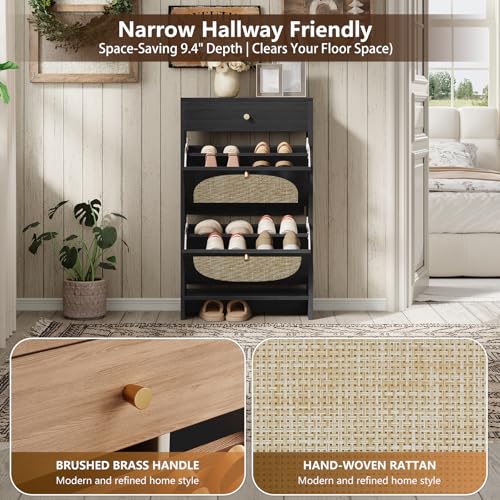 Nicetree Shoe Cabinet for Entryway, Slim Shoe Rack with 2 Flip Drawers and Top Storage Drawer, Narrow Shoe Organizer with Printed Rattan-Look Design, Entryway Shoe Storage for Size 12 Shoes, Black - color: Noir Black, style: 2 Flip Drawers with Top Drawer