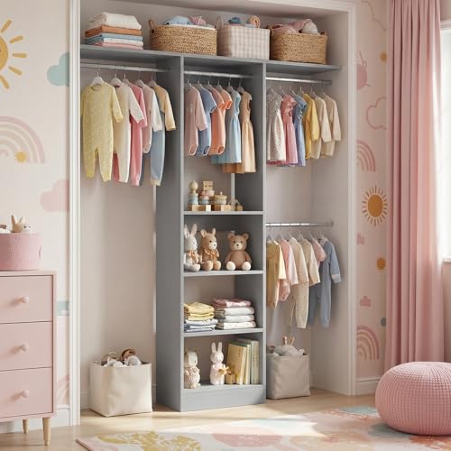 Cyclysio 4FT Small Closet System, 80"H Closet Organizer System with 4 Closets Rods & 3 Shelves, 48" Closets Organizers and Storage for Small Bedrooms, Laundry Rooms, Cloakrooms, Grey - color: Grey