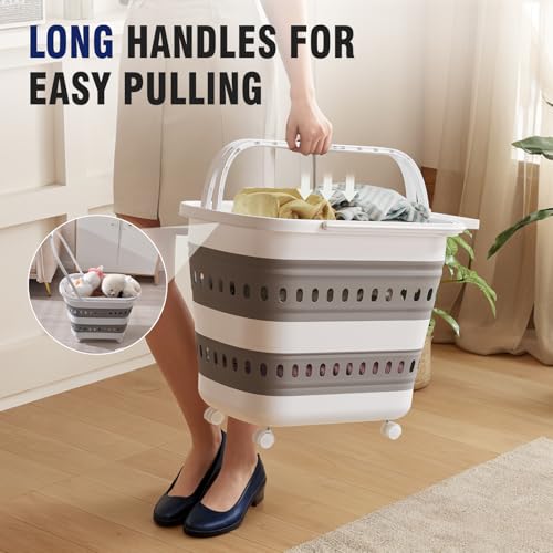 Collapsible Plastic Laundry Basket Hamper with Wheels, 45L Portable Rubber Clothes Basket, Pop Up Storage Container/Organizer with Hanging basket for Washing & Storage, Grey - color: Grey, size: 45L